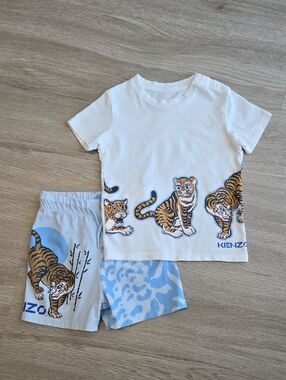 Kenzo White Tee and Shorts Set with Tiger Motif and Blue Accents, Size 2-3y